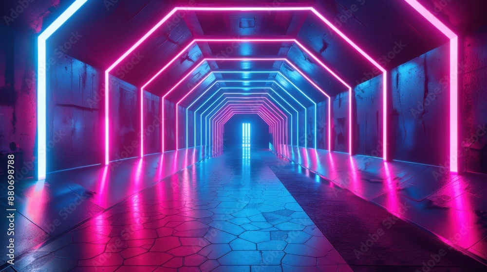 Vibrant Blue Neon Hexagon Tunnel in Immersive Digital Environment Vibrant Blue Neon Hexagon Tunnel in Immersive Digital Environment