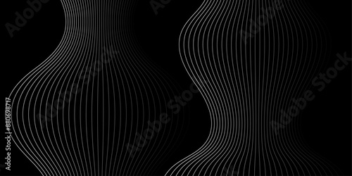 Abstract background with lines and waves. Medium banner size. Element for design. Vector background for brochure, booklet, flyer, poster. Black and white gradient. Dark, night