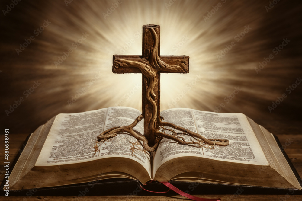 Rooted in Faith. The Foundation of Faith: A Cross with Roots Intertwined in an Open Bible, Symbolizing Deep Spiritual Roots and the Everlasting Connection to the Teachings of Christianity Rooted in Faith. The Foundation of Faith: A Cross with Roots Intertwined in an Open Bible, Symbolizing Deep Spiritual Roots and the Everlasting Connection to the Teachings of Christianity