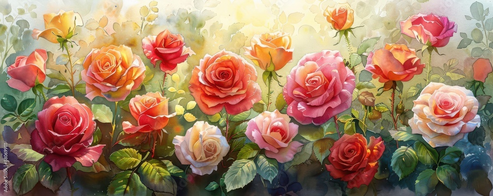 A stunning summer garden in full bloom, vibrant roses in various shades, watercolor illustration, bright and lively colors, detailed floral patterns, sunlit background A stunning summer garden in full bloom, vibrant roses in various shades, watercolor illustration, bright and lively colors, detailed floral patterns, sunlit background