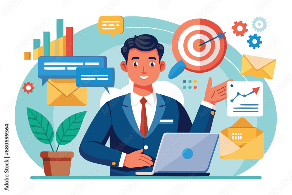 Email Marketing: Businessman Promoting Website through Targeted Newsletters and Online Advertising Email Marketing: Businessman Promoting Website through Targeted Newsletters and Online Advertising
