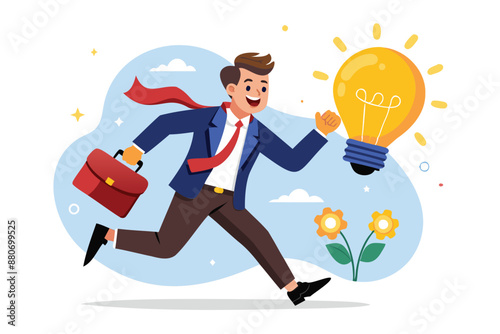 Excited Businessman with Big Lightbulb Idea Running to Invent New Product, Solving Problems through Creativity and Innovation