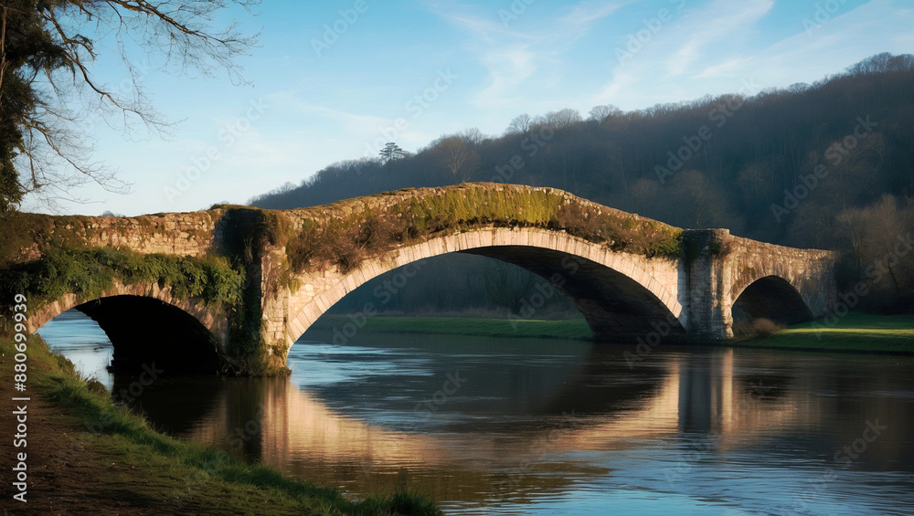 Fototapeta premium Ancient stone bridge over tranquil river: Scenic landscape with historic architecture