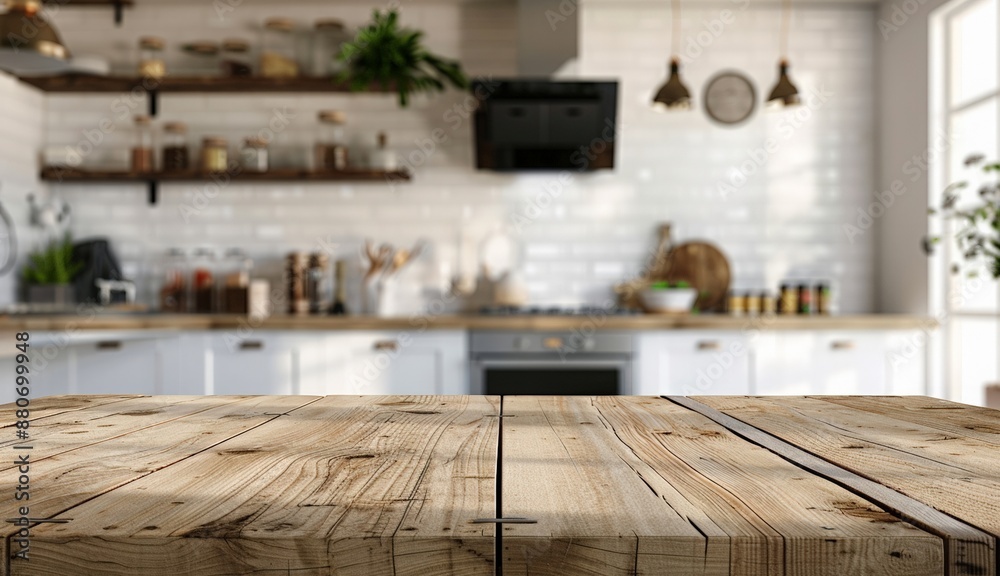 Mock up empty wooden table against the blurred background of the modern white wooden rustic Scandinavian kitchen, Mockup blank surface on a blurred kitchen background. copy space. Mock up empty wooden table against the blurred background of the modern white wooden rustic Scandinavian kitchen, Mockup blank surface on a blurred kitchen background. copy space.