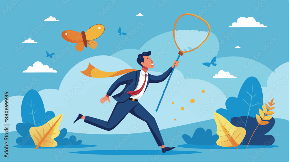 Businessman Chasing Flying Lightbulb Ideas with Butterfly Net, Capturing Innovation and Creativity for New Projects