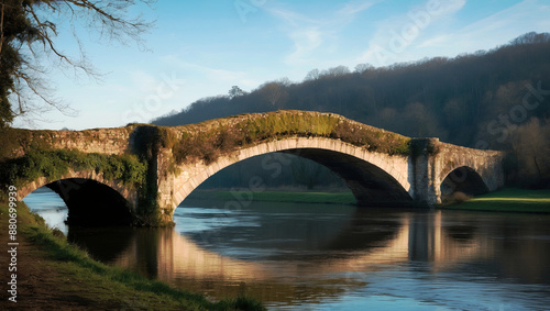 Ancient stone bridge over tranquil river: Scenic landscape with historic architecture