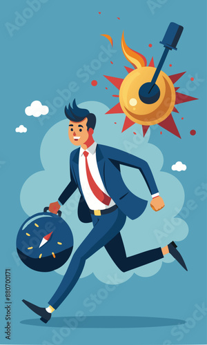 Fearful Businessman Running from Exploding Time Bomb, Representing Time Management and Project Deadline Pressure