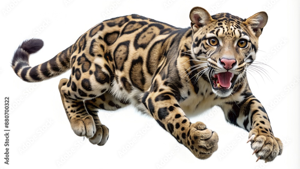 Obraz premium Clouded leopard in mid-air with mouth wide open and sharp claws out
