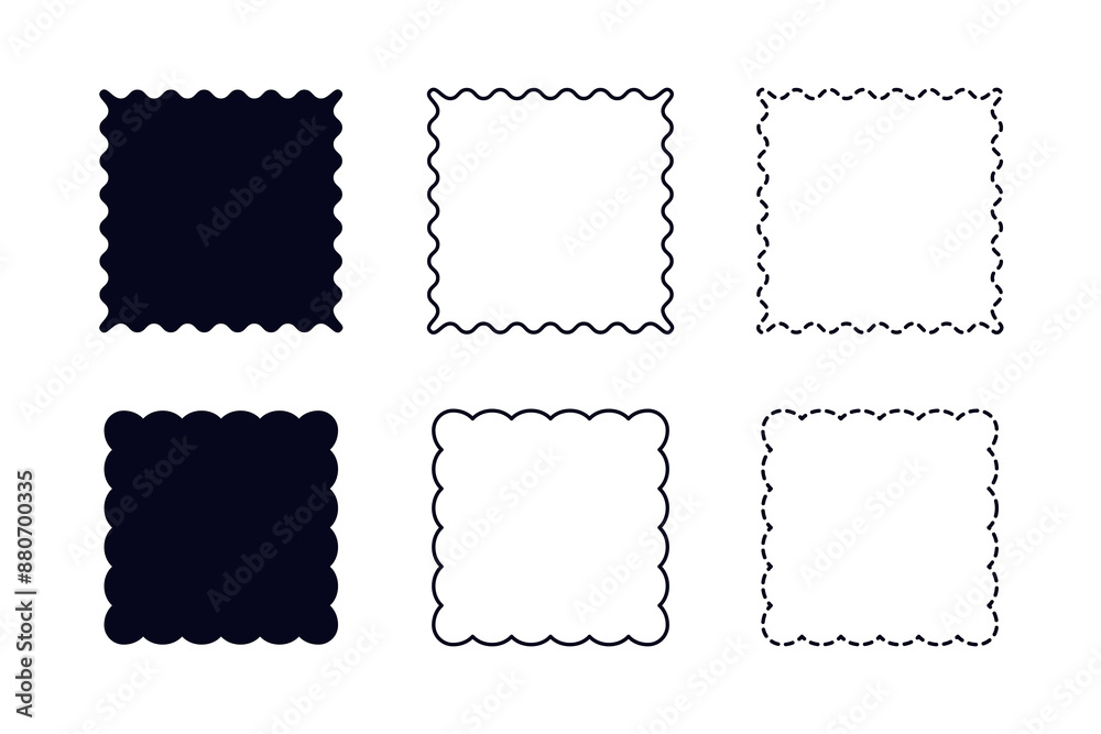 Square frames with wavy edges set. Silhouette and linear elements. Square frames with wavy edges set. Silhouette and linear elements.