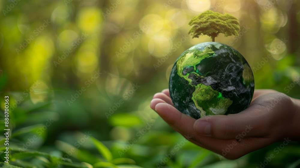 Hand holding a globe with a tree in a green environment Hand holding a globe with a tree in a green environment