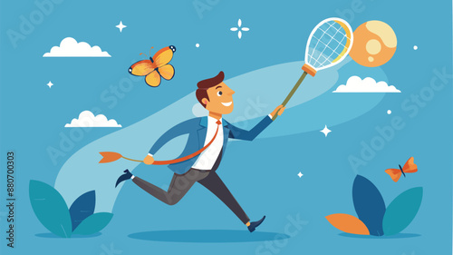 Businessman Chasing Flying Lightbulb Ideas with Butterfly Net, Capturing Innovation and Creativity for New Projects