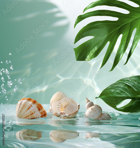 Enchanted Seashore: Ethereal Fusion of Exotic Seashells and Verdant Plants in Cloudcore Haze photo