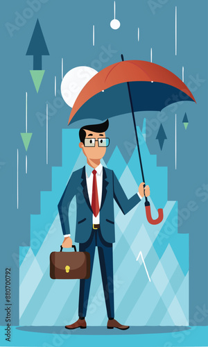 Businessman Investor Holding Strong Umbrella, Ready for Stock Market Crash, Downturn Arrow Graph, Insurance Protecting from Risk and Uncertainty