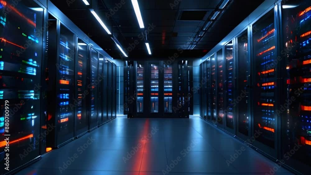 A long, dark room with rows of tall, black server racks with bright, blinking lights. A long, dark room with rows of tall, black server racks with bright, blinking lights.