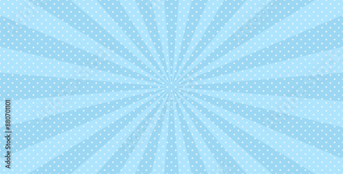 Cartoon print with points and beams. Blue comic starburst pattern. Pop art background. Halftone retro duotone banner. Vintage sunshine texture. Superhero sunburst backdrop. Vector illustration.