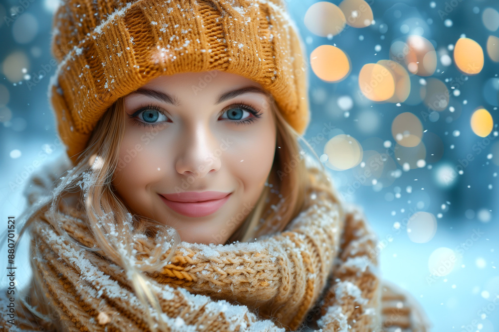 A woman wearing a yellow hat and scarf is smiling at the camera. The image has a warm and cozy feeling, as the woman is dressed for the cold weather and he is enjoying herself A woman wearing a yellow hat and scarf is smiling at the camera. The image has a warm and cozy feeling, as the woman is dressed for the cold weather and he is enjoying herself