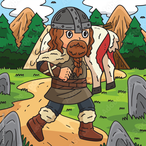 Viking with a Hunt Colored Cartoon Illustration