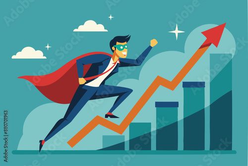 Superhero Businessman Pushing Rising Graph, Symbolizing Increased Investment Profit, Sales, and Revenue Growth