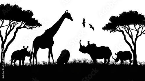 Silhouette African Safari Animal Landscape Scene.