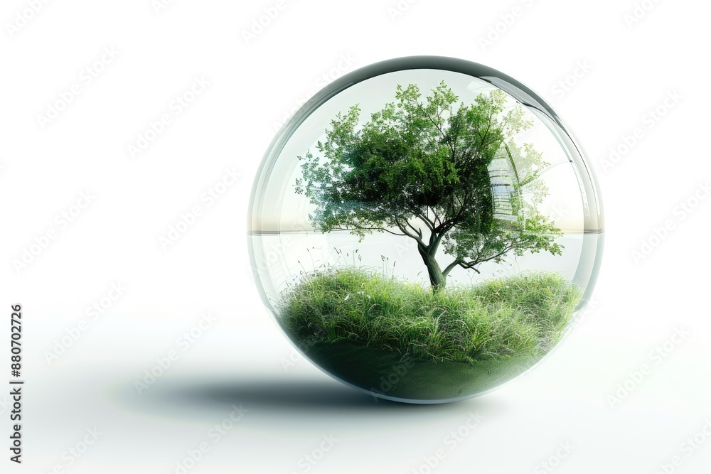 Tree with soil and grass in transparent sphere on white background. Generated AI Tree with soil and grass in transparent sphere on white background. Generated AI
