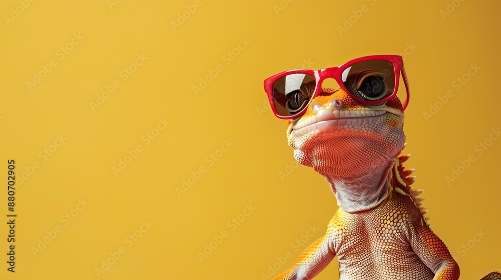 Gecko wearing sunglasses on a solid color background. Gecko wearing sunglasses on a solid color background.