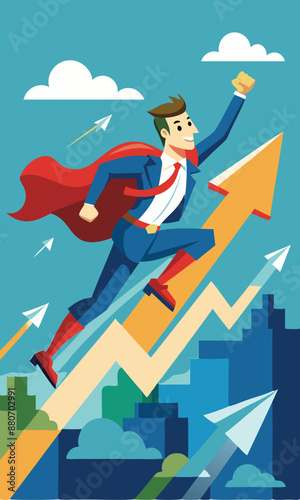 Superhero Businessman Takes Leaps and Bounds Towards Success, Skyrocketing Business Growth and Career Development