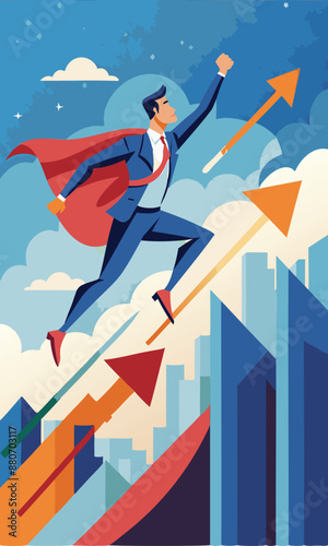 Superhero Businessman Takes Leaps and Bounds Towards Success, Skyrocketing Business Growth and Career Development
