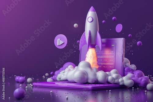 Launching Space Rocket From Laptop Screen. Generated AI
