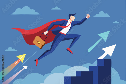Superhero Businessman Takes Leaps and Bounds Towards Success, Skyrocketing Business Growth and Career Development