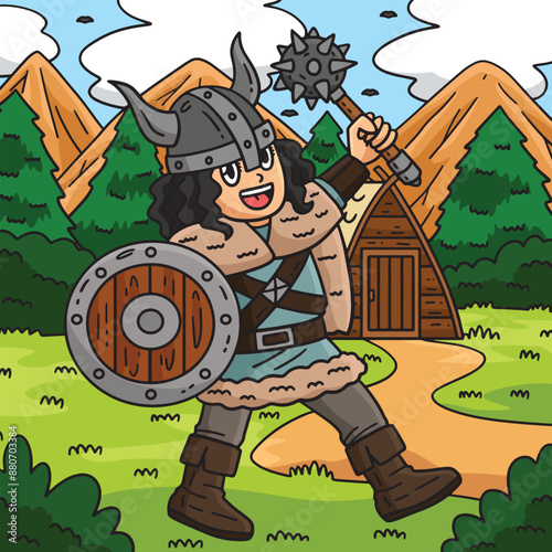 Viking with Mace and Shield Colored Cartoon 