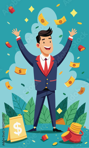 Happy millionaire businessman achieving financial freedom, success with plenty of money and wealth