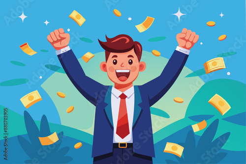Happy millionaire businessman achieving financial freedom, success with plenty of money and wealth