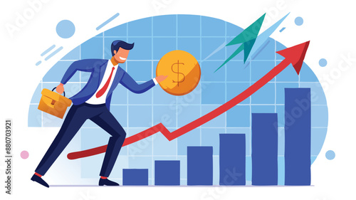 Businessman Pushing Coin Up Exponential Graph, Compound Interest and Long-Term Investment Growth Concept