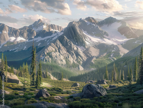 Mountain Landscape with Pine Trees, Generative AI Illustration