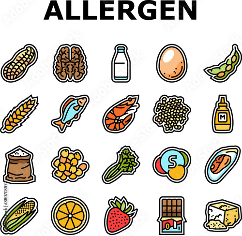 allergen product food free icons set vector. gluten organic, product gmo, label cosmetic, sugar allergy, cruelty allergen product food free color line illustrations