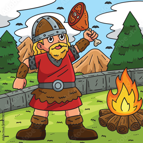 Viking Eating Meat Colored Cartoon Illustration