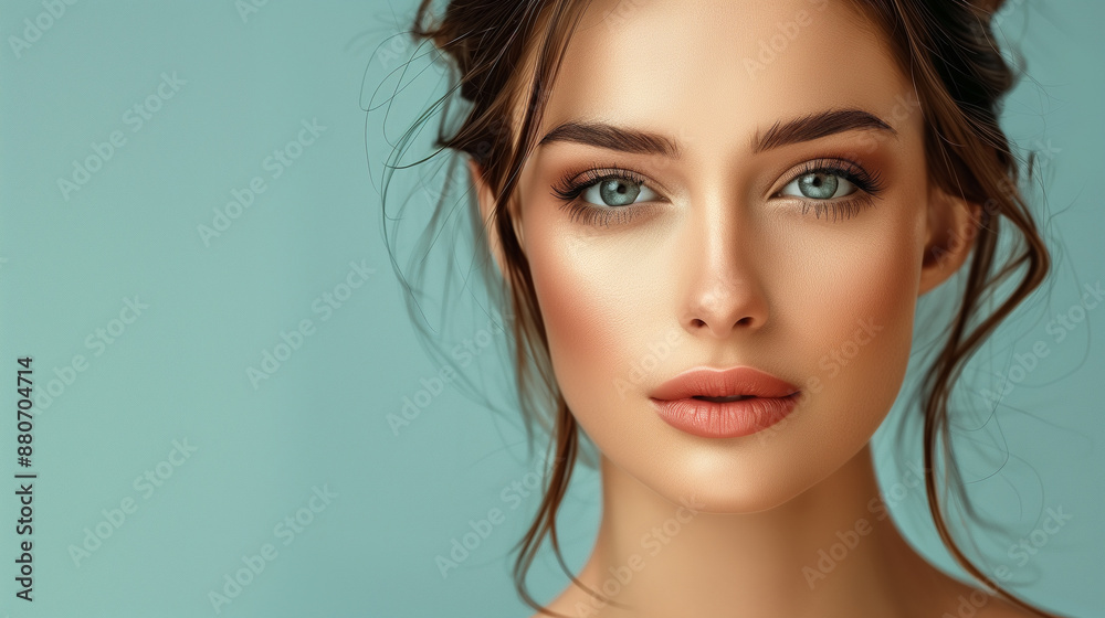 Portrait of beautiful brunette with make up on green background with copy space Portrait of beautiful brunette with make up on green background with copy space