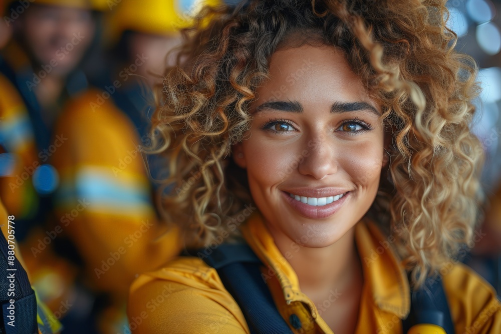 Obraz premium Smiling paramedic in yellow uniform