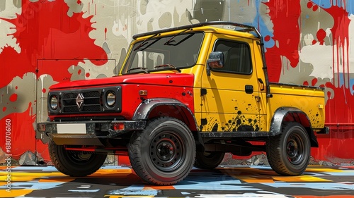 Vibrant artistic pickup truck parked in front of a colorful graffiti wall, showcasing urban street art and creative automotive design.