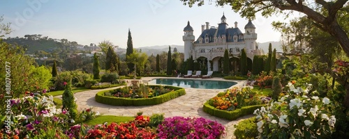 A beautiful garden with a large white house and a pool