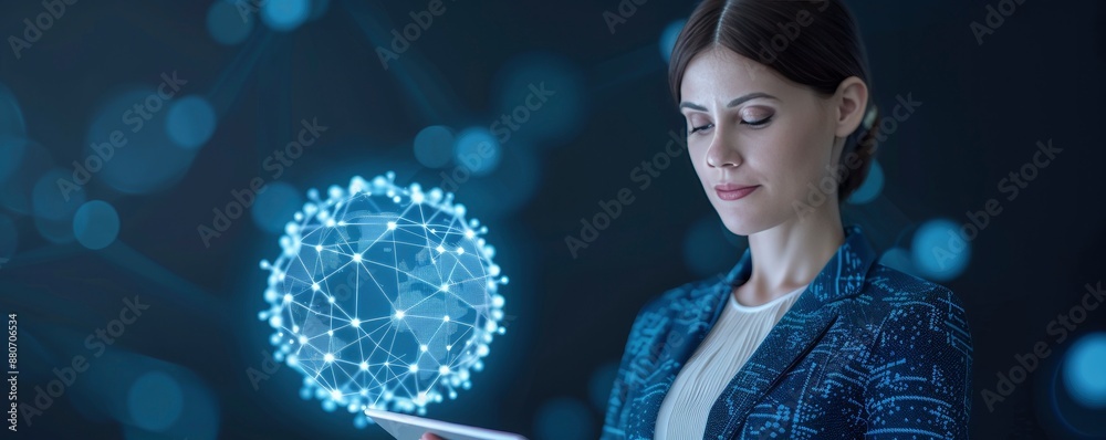 Naklejka premium Businesswoman in suit holding tablet with glowing digital globe hologram on dark background, business concept for global network and connectivity