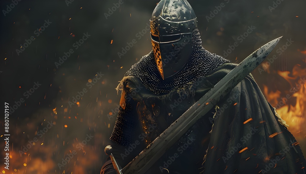 Knight warrior in iron armor in the midst of war Knight warrior in iron armor in the midst of war