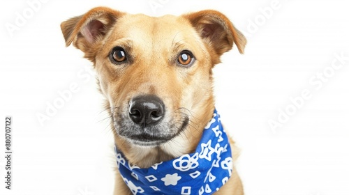 Yellow mixed breed dog in Hanukkah bandana isolated on white background © Emin