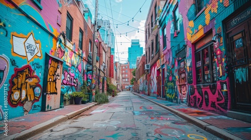 Colorful graffiti art on walls of an urban alley