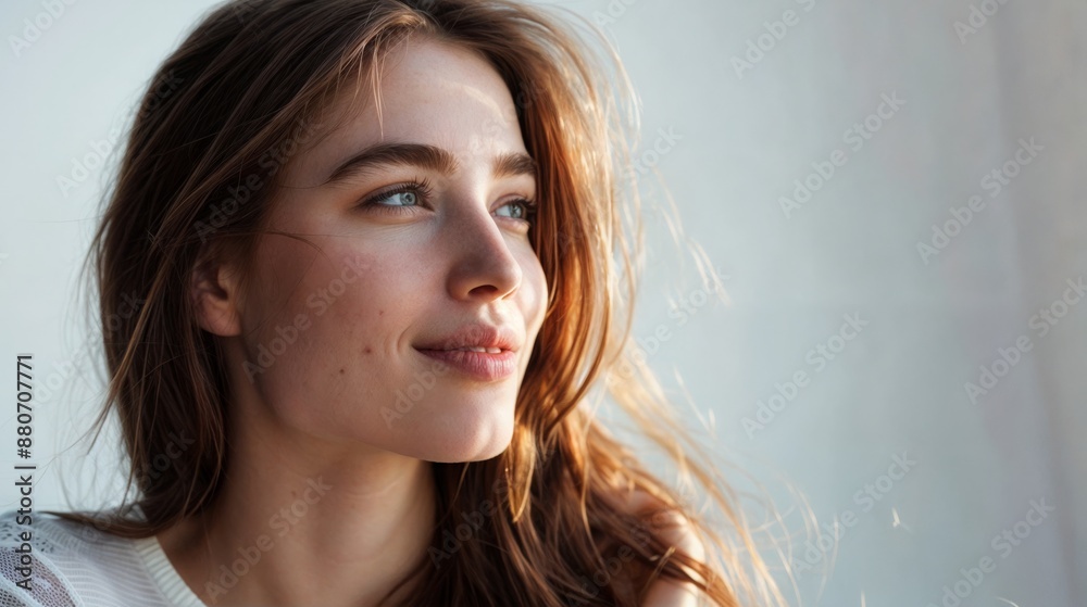 The woman half-turns to look away and smiles. Close-up. On a white background. Place for inscription. The woman half-turns to look away and smiles. Close-up. On a white background. Place for inscription.