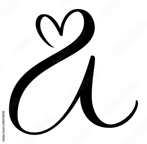 Script capital font logo calligraphy love letter A initial. Hand drawn vector brush style flourish. Vintage heart monogram. Valentine flourish element. Sign for page decoration design illustration