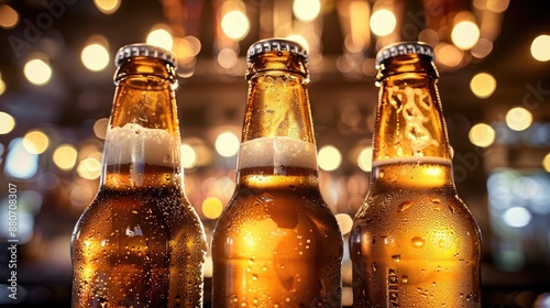Three cold beer bottles in a row on a bar counter viewed from below