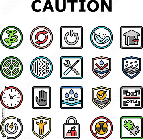 product caution label warning icons set vector. odor control, reversible, automatic shut down, lightweight, indoor use only product caution label warning color line illustrations