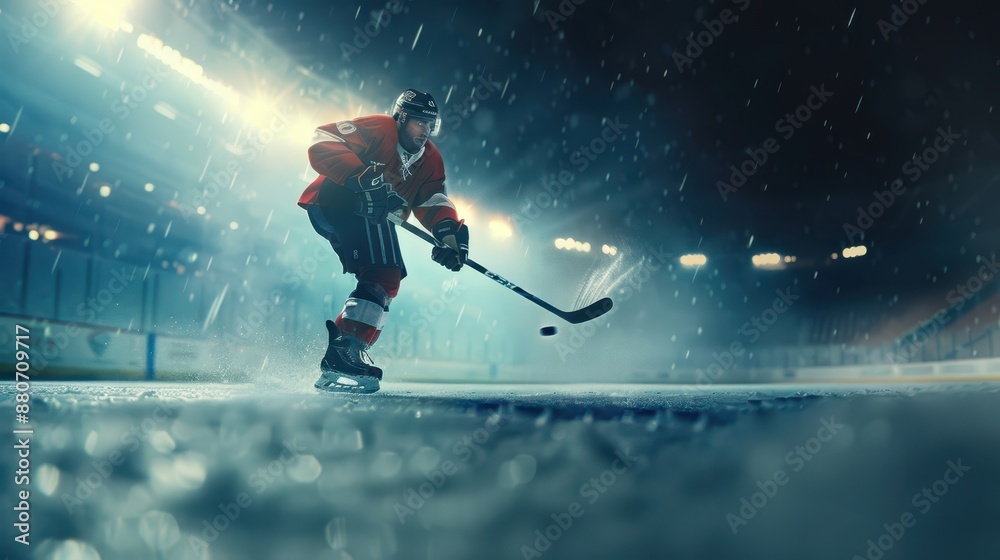 Fototapeta premium A close-up action shot of a hockey player from behind, showing determination and movement as they dribble the puck, ice and stadium lights in the background