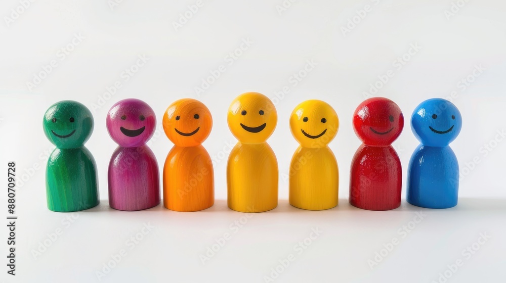 Toy smiles Children s wooden constructor figures in various colors on white background Toy smiles Children s wooden constructor figures in various colors on white background
